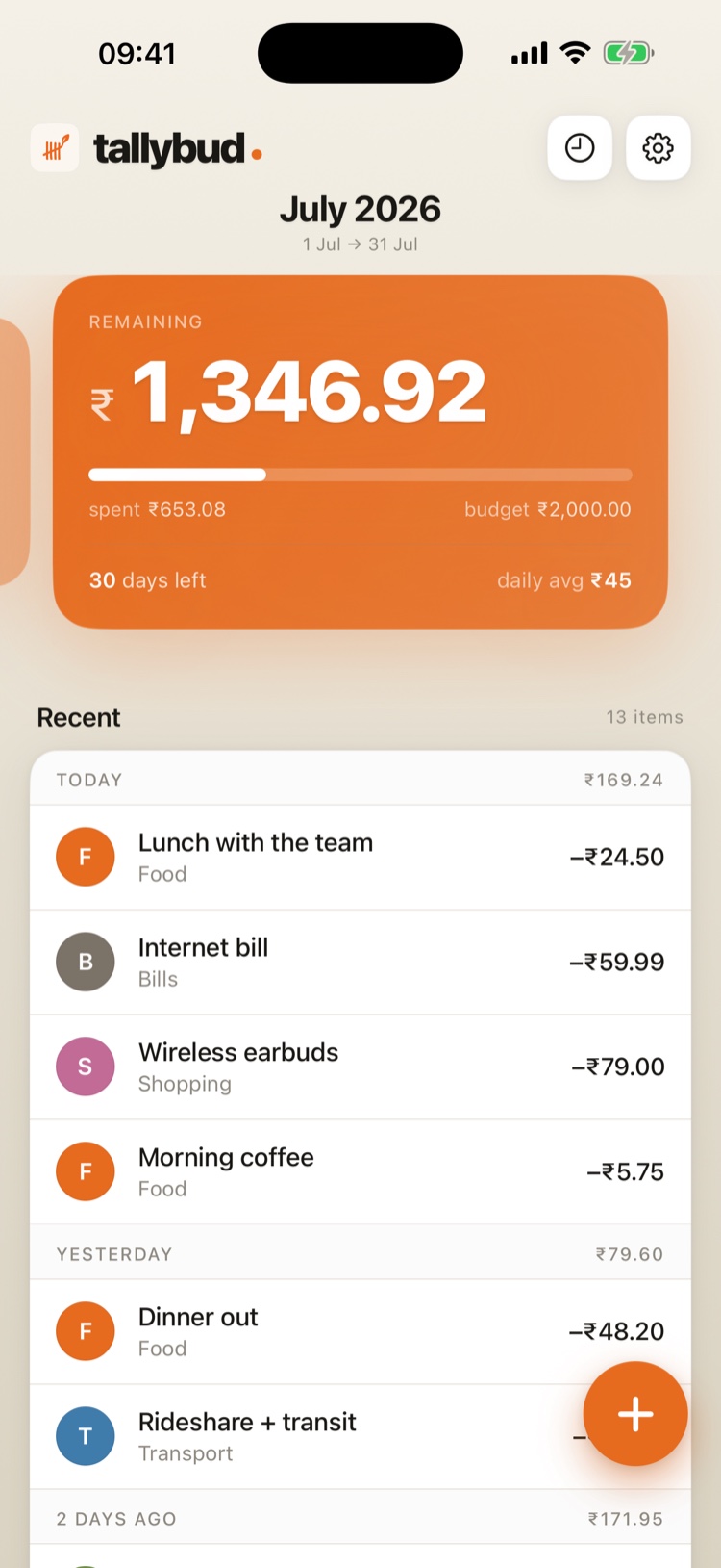 tallybud home screen in Indian rupee